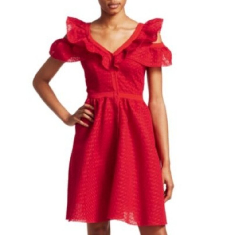 MAJE Red Eyelet Ruffle Dress - Dramatic Statement Sleeves